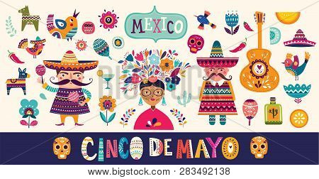 Mexican Collection. Beautiful Vector Illustration With Design For Mexican Holiday 5 May Cinco De May