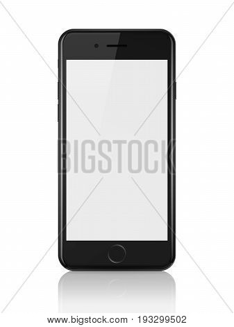 MINSK, BELARUS - JUNE 26, 2017: 3d render of black iPhone 7 with blank white screen on white background. iPhone is modern smartphone developed by Apple Inc.