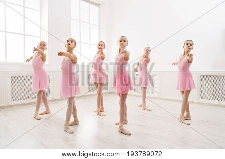 Little girls dancing ballet in studio. Choreographed dance by a group of graceful pretty young ballerinas practicing during class