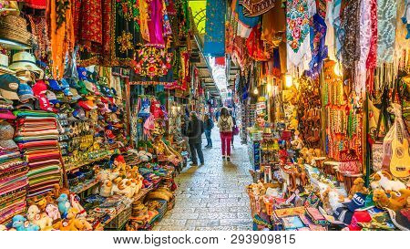 Jerusalem, Israel - March 27, 2019: View Of Souvenir Market In Old City Jerusalem, Israel