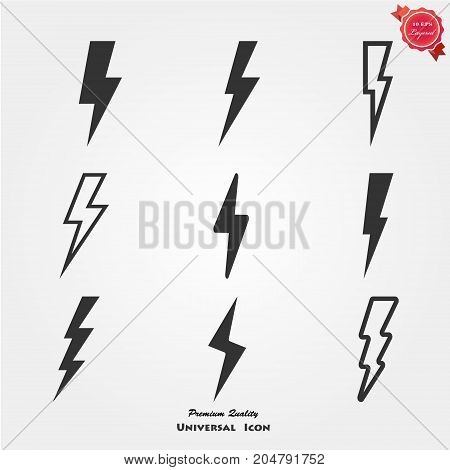 Flash icon. Bolt of lightning vector. Lightning illustration. Streak of lightning sign. Electric bolt flash icon. Lightning design element. Thunder strike logo. Charge flash icon. Thunderbolt icon