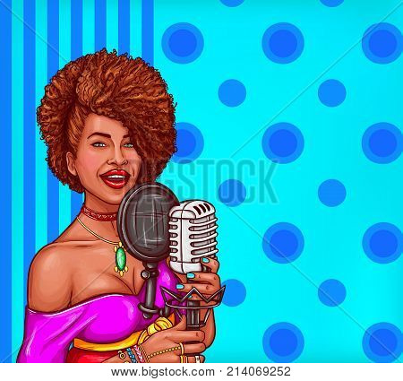 pop art illustration of a black woman singer holding a microphone. Afro-American diva star sings in vintage microphone