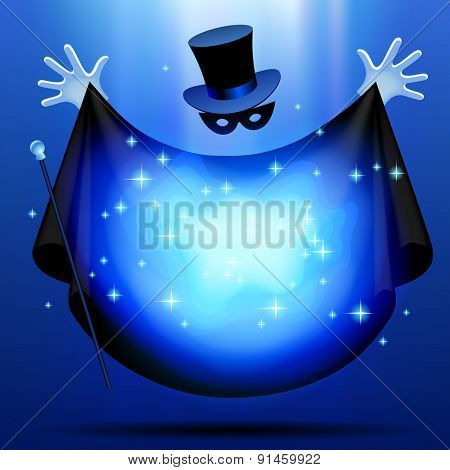 Invisible magician in top hat  and mask with black cloak performing a magic act with blue luminous cloud. Wizard art. Vector illustration