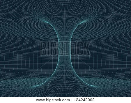 Digital surface grid. Abstract cyber space funnel. 3d tube pipe corridor. Gravitational waves consept. Connection beetwen two worlds. Spatial  extension distortion. Digital vector illustration eps10