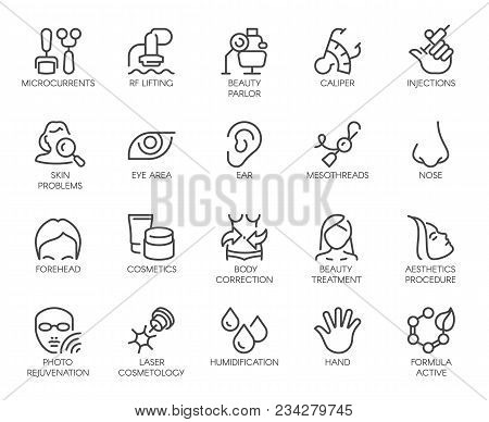 Cosmetology Line Icons Set. 20 Outline Pictograms Isolated. Beauty Therapy, Bodycare, Healthcare, We