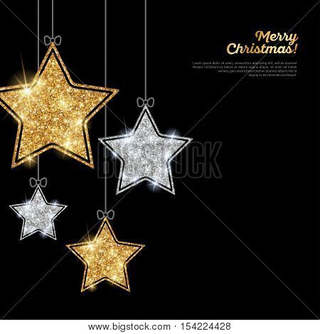 Merry Christmas and Happy New Year Banner. Glitter Background with Silver and Gold Hanging Stars. Vector illustration. Sequins Pattern. Glowing Invitation Template.