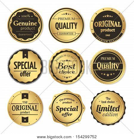 Vector set of classic gold badges and labels. Vintage elements with title Genuine product, Premium quality, Best choice, Limited edition, Special offer, Original product. Isolated from a background.