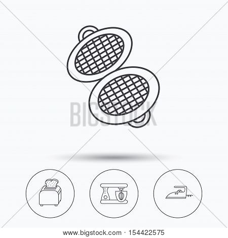 Iron, toaster and blender icons. Waffle-iron linear sign. Linear icons in circle buttons. Flat web symbols. Vector