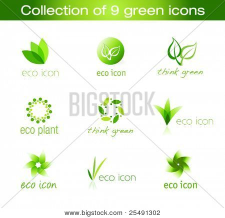 Collection of nine green eco-icons