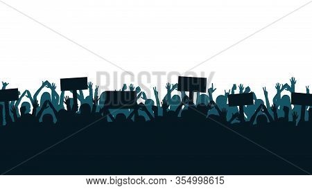 Protest And Strike, Demonstration And Revolution Concept. Silhouettes Of Crowd Of People With Raised