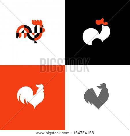 Rooster and cock. Flat design style vector illustrations set of icons and logos