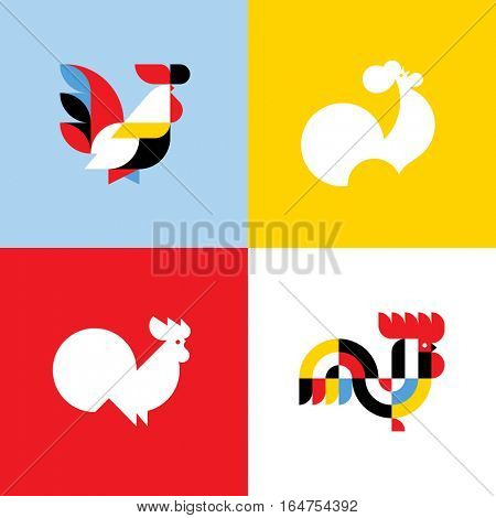 Rooster. Elegant flat vector logo templates set or icons of cock silhouettes