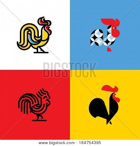 Set of rooster silhouettes. Modern flat vector logo template or icon of cock