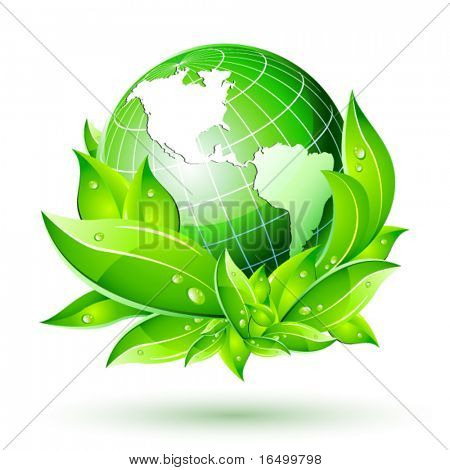 3D Vector Eco Concept with Leafs surrounding the Earth Globe