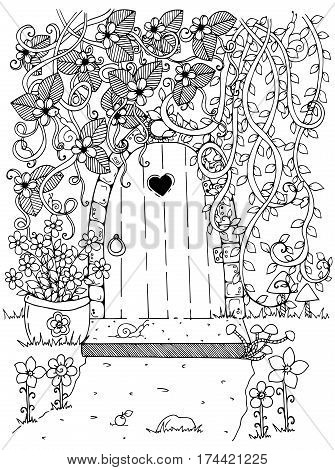 Vector illustration zentangl, door and flowers. Doodle drawing pen. Coloring page for adult anti-stress. Black and white.