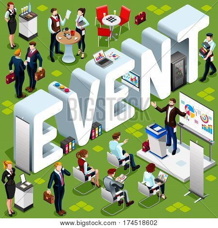 Business Event Group of Diverse Isometric Business People. 3D meeting infograph crowd with standing walking casual people icon set. Conference lot collection vector illustration