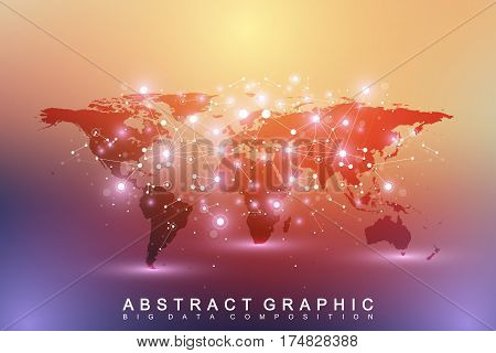 Political World Map with global technology networking concept. Digital data visualization. Scientific cybernetic particle compounds. Big Data background communication. Vector illustration