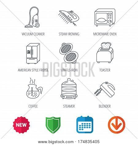 Microwave oven, coffee and blender icons. Refrigerator fridge, steamer and toaster linear signs. Vacuum cleaner, ironing and waffle-iron icons. New tag, shield and calendar web icons. Download arrow