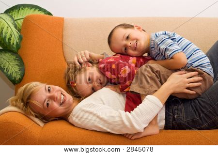 Happy Woman And Kids Having Fun Indoors