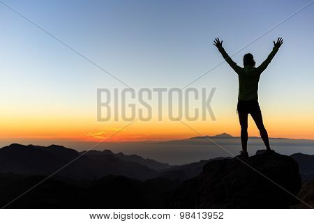 Woman Climber Success Silhouette In Mountains, Achievement Inspiration