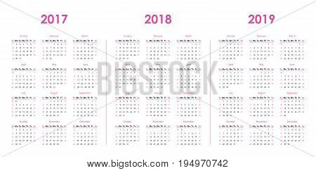 Simple calendars for 2017, 2018 2019 business organizer