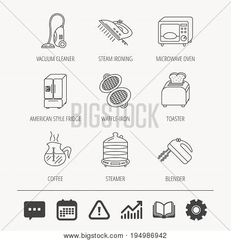 Microwave oven, coffee and blender icons. Refrigerator fridge, steamer and toaster linear signs. Vacuum cleaner, ironing and waffle-iron icons. Education book, Graph chart and Chat signs. Vector