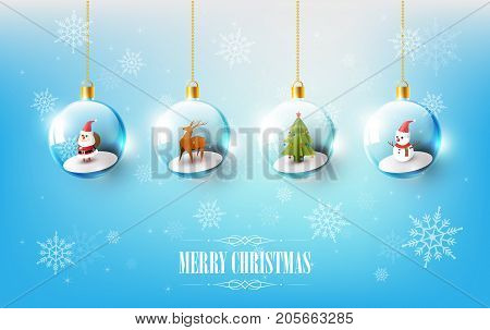 Merry Christmas with Santa Claus, Snowman and Reindeer in Christmas ball, Hanging Christmas ball on blue Snowflake background, vector illustration