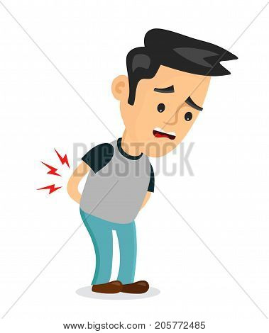 backache problems.vector flat cartoon concept illustration of men character design icon. Isolated on white background. Pain in back, ache, hurt, suffering