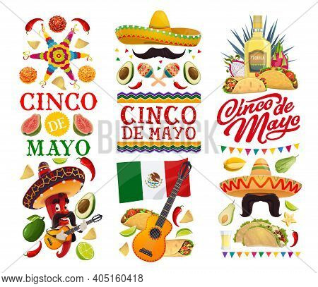 Cinco De Mayo Holiday Vector Banners With Mexican Fiesta Party Food And Red Chili Pepper Character. 