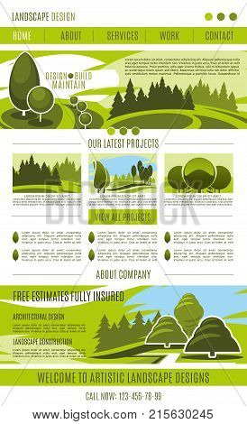 Landscape design company landing page or web site template design. Vector green gardening or urban horticulture and garden planting association. Green parks and nature eco village or parkland trees