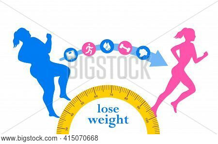 Weight Loss. The Influence Of Diet On The Weight Of The Person. Young Woman Before And After Diet An