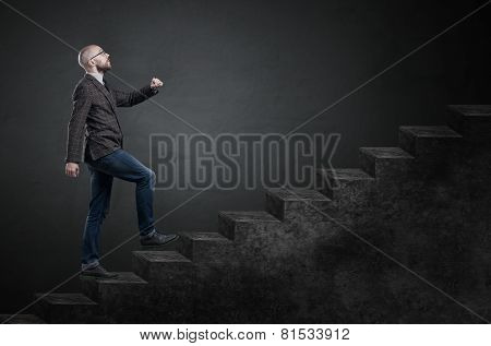 Male Businessman On Stair Or Steps Near A Wall Background, Metaphor To Success, Climb, Business,