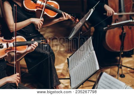 Elegant String Quartet Playing In Luxury Room At Wedding Reception In Restaurant. Group Of People In