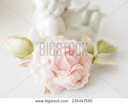 Realistic Fabric Silk Flower In Light Pink Cream And White Colors Rose Hand Made On White Blurred Ba