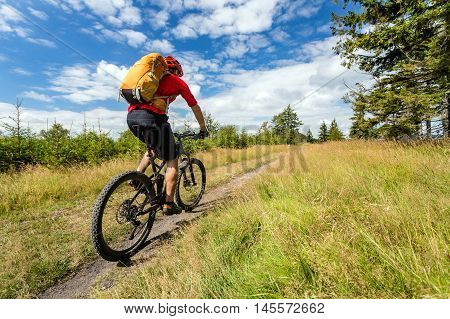 Mountain biker riding on bike in summer inspirational mountains landscape. Man cycling MTB on enduro trail path. Sport fitness motivation and inspiration. Rider mountain biking in summer woods.