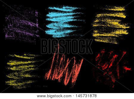 Vector crayons hand drawing abstract on black background set chalk brush stroke design art pastel black color grunge texture pattern drawing chalk on chalkboard