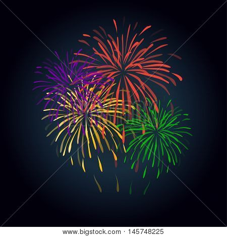 Fireworks colorful shapes on black background. Fireworks icon, flat design, Festive card. Vector illustration. Festive patterned firework bursting in various shapes sparkling pictograms against black background. Clip Art. 2017