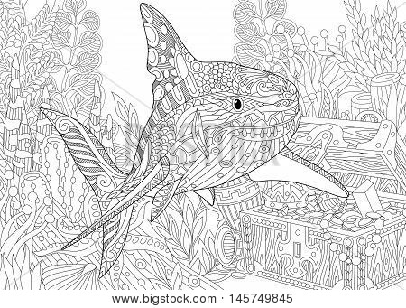 Stylized underwater composition of shark seaweed corals and treasure chest full of gold. Freehand sketch for adult anti stress coloring book page with doodle and zentangle elements.