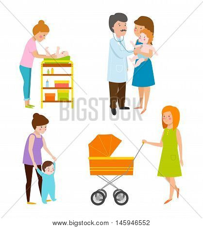 Young mother vector characters and young mother happy parent. Young mother vector set. Togetherness newborn face young mother lifestyle cheerful motherhood. Young family portrait