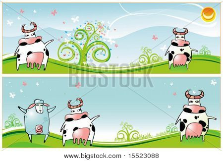 Horizontal Spring Easter banners with Cows, sheep, spring flowers and butterfly.
To see similar,  please visit my gallery.