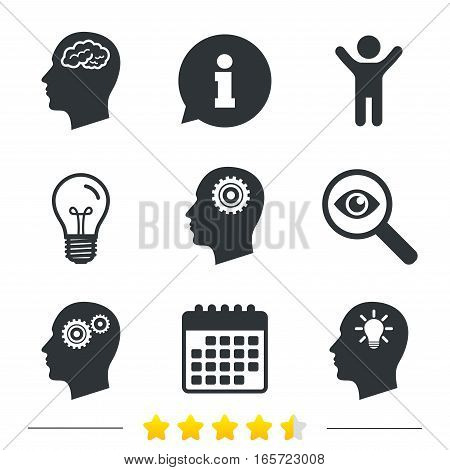 Head with brain and idea lamp bulb icons. Male human think symbols. Cogwheel gears signs. Information, light bulb and calendar icons. Investigate magnifier. Vector