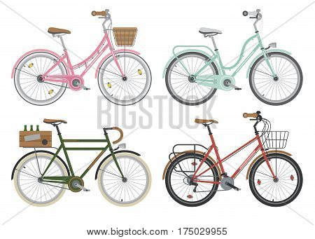 Four configurations of city, street or casual bicycles. Bikes for short distance around the town. Different frames and accessories bicycle set. Ecology transport. Detailed vector illustration.