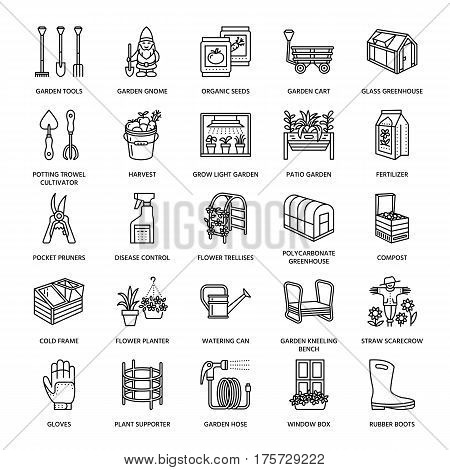 Gardening, planting and horticulture line icons. Garden equipment, organic seeds, fertilizer, greenhouse, pruners, watering can and other tools. Vegetables, flower cultivation linear signs.