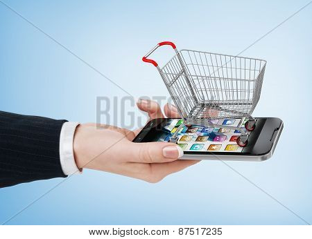 Woman Hand Holding Smartphone With Shopping Cart. E-commerce Concept.