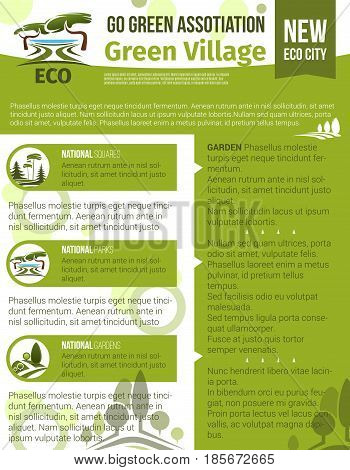 Green village and eco gardening vector poster for urban horticulture and planting company or association. Design of parklands or woodlands nature landscaping symbols of trees and greenery