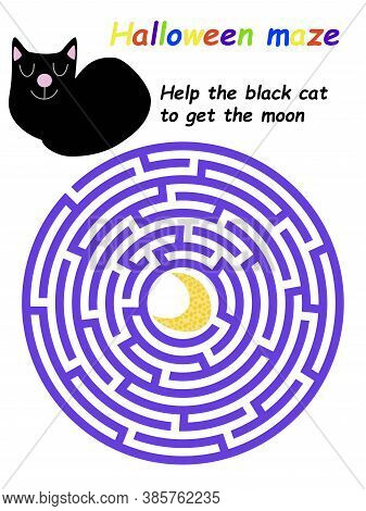 Halloween Maze Game For Kids Stock Vector Illustration. Help The Black Cat To Get The Moon. Circle L