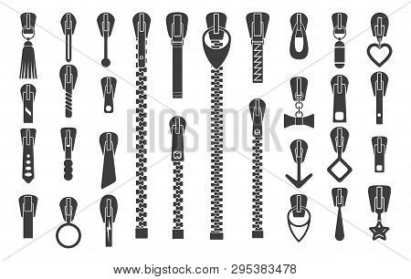 Zipper Silhouettes. Zip Pulls Or Zipper Pullers Vector Illustration, Black Zip Lock Stock Collection