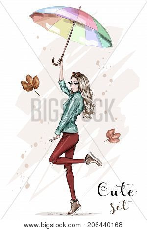 Beautiful young woman with colorful umbrella. Stylish hand drawn girl in fashion clothes. Fashion woman. Sketch. Vector illustration.