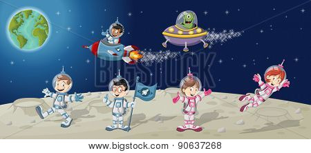 Astronaut cartoon characters on the moon with a alien spaceship
