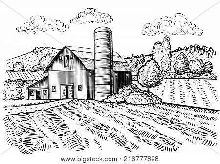 Rural landscape, farm barn and windmill sketch. Hand draw illustration of countryside natural scenic. Agricultural farmhouse and field. Vector monochrome outline image